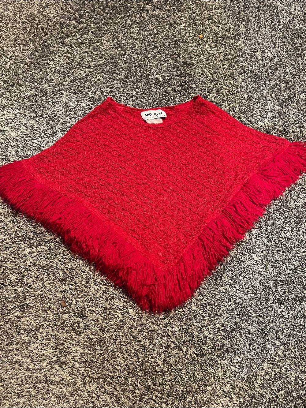 Vintage Girls Amy Byer Bright Red Knitted Poncho W/ Fringe See Pics For Measure!